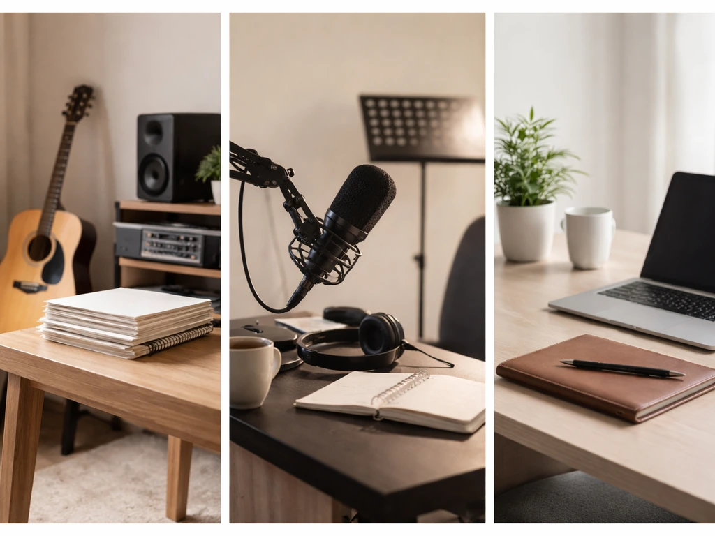 Triptych collage of a guitar workspace, a podcast microphone desk, and a modern office desk to avoid identity mix-ups.