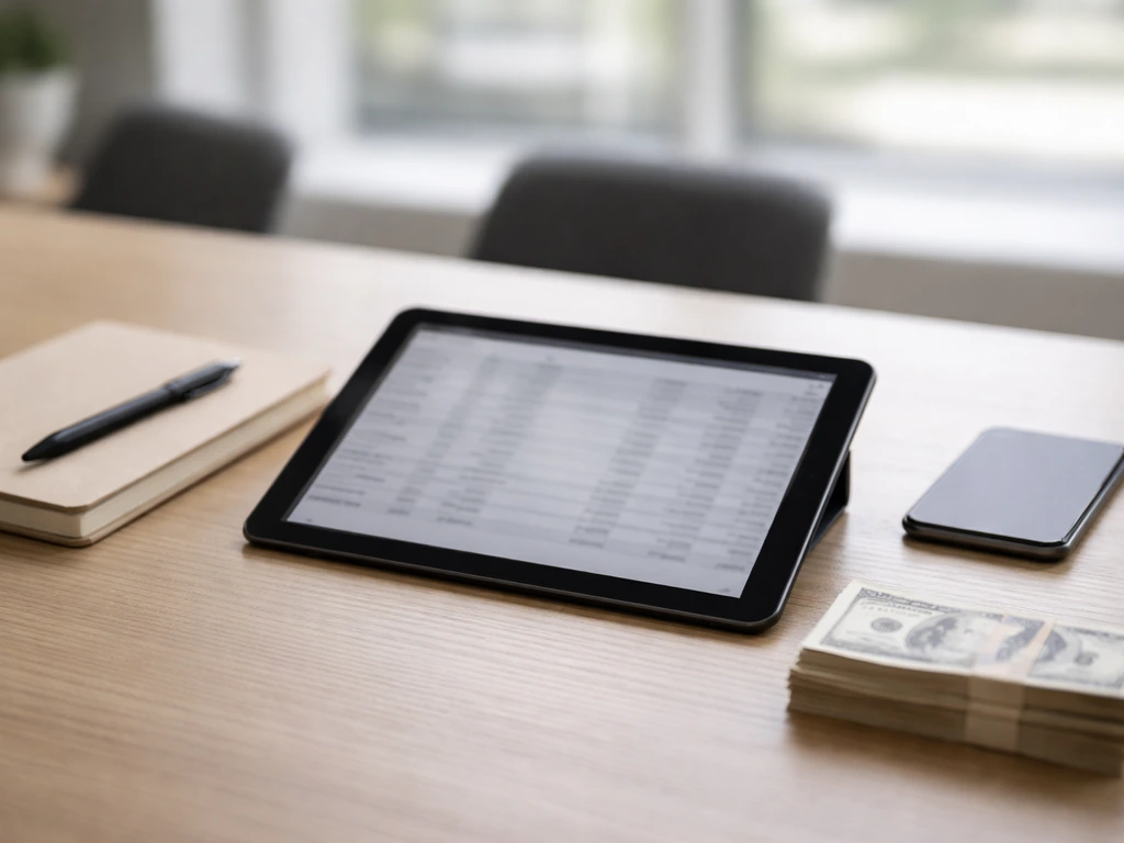 Minimal desk scene with tablet and cash suggesting financial estimation, no readable text or charts.