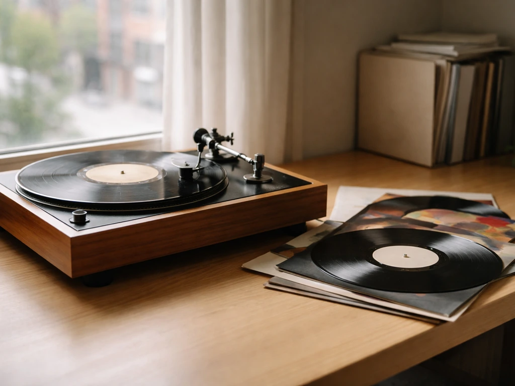 Vintage record player on a desk with scattered vinyl sleeves, symbolizing career milestones and earnings shifts