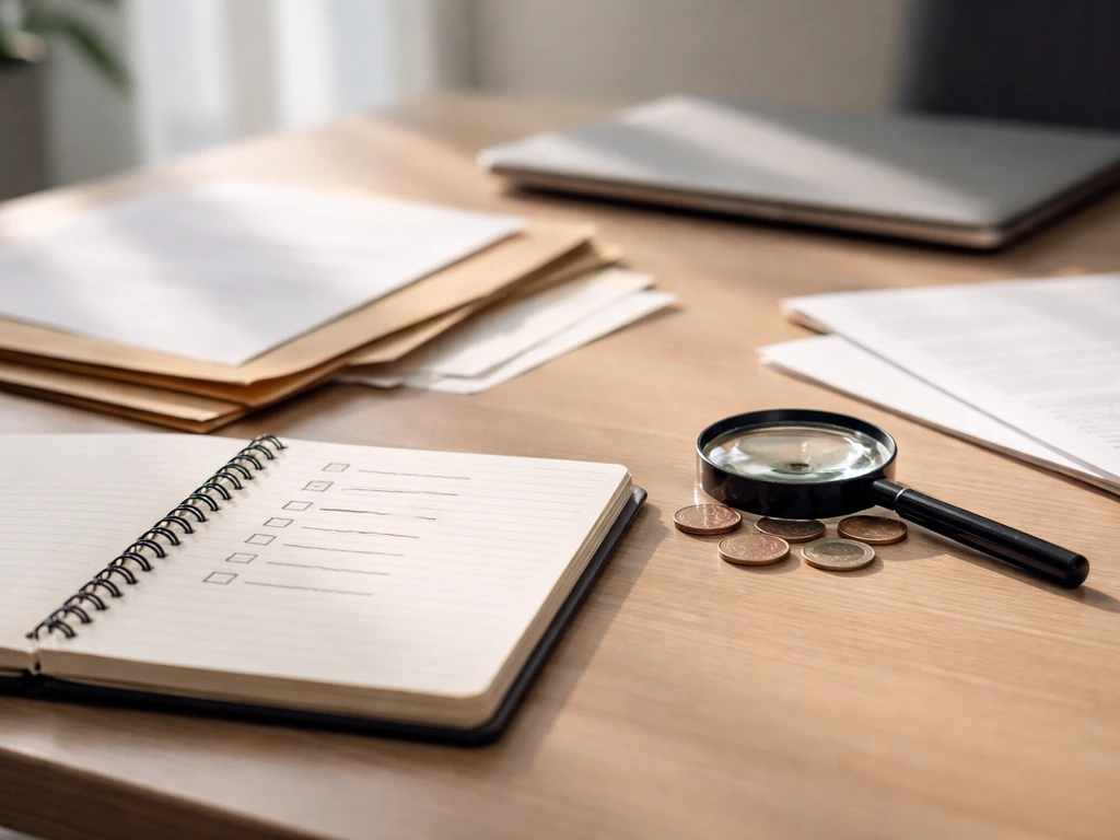 Close-up of a notebook checklist beside a laptop and documents with a magnifying glass over coins
