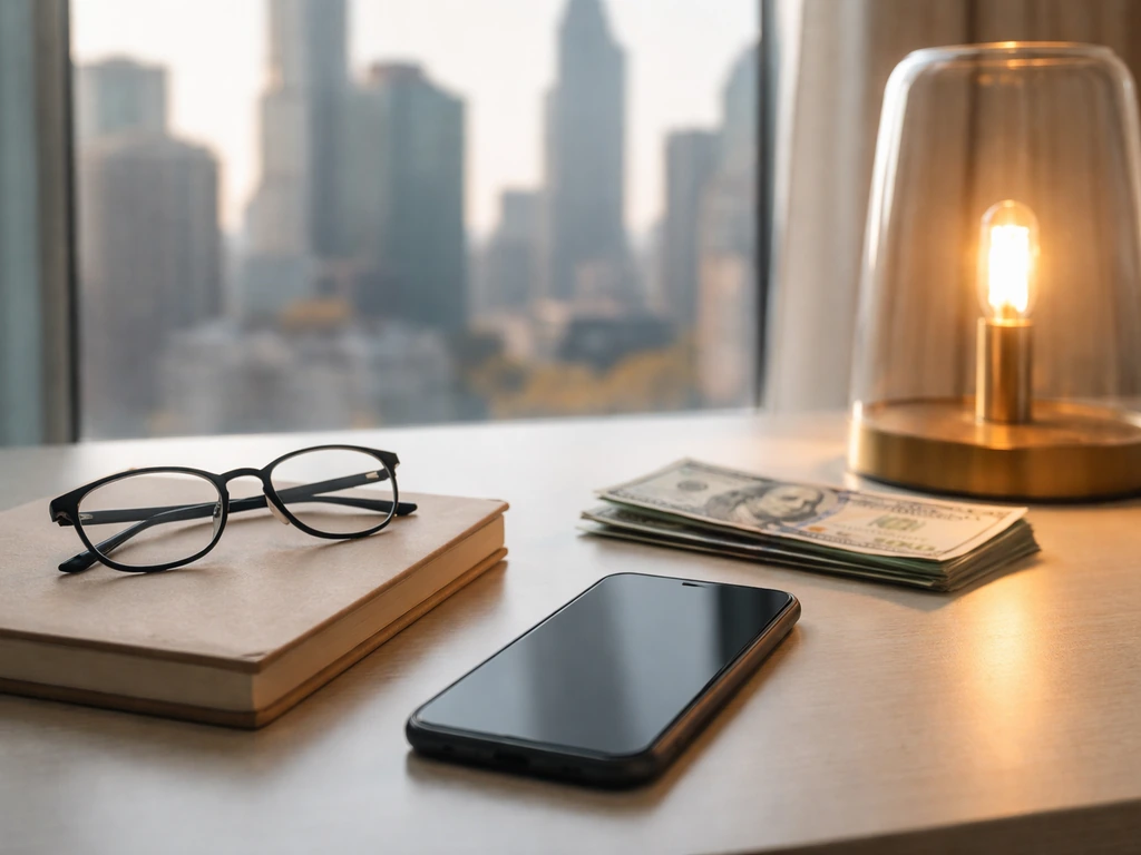 Minimal desk scene symbolizing a widely cited net worth estimate, with cash and a smartphone, no text.