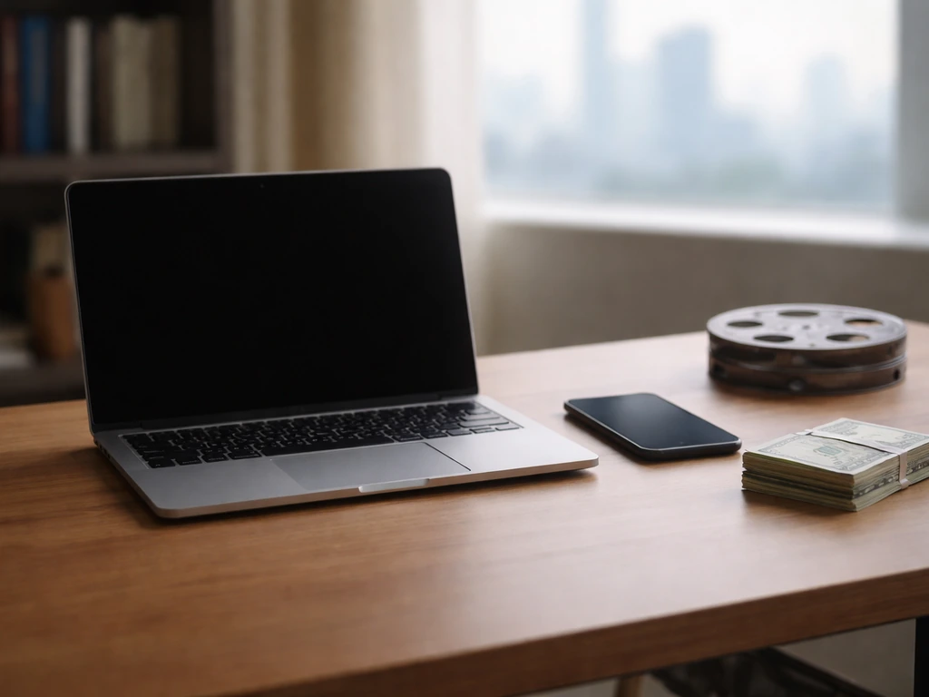 Minimal desk scene with a film reel, smartphone, and cash, suggesting a career earnings timeline concept.