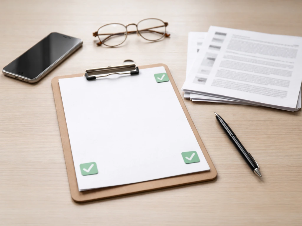 Minimal desk scene with verification checklist icons and papers showing source cross-checking