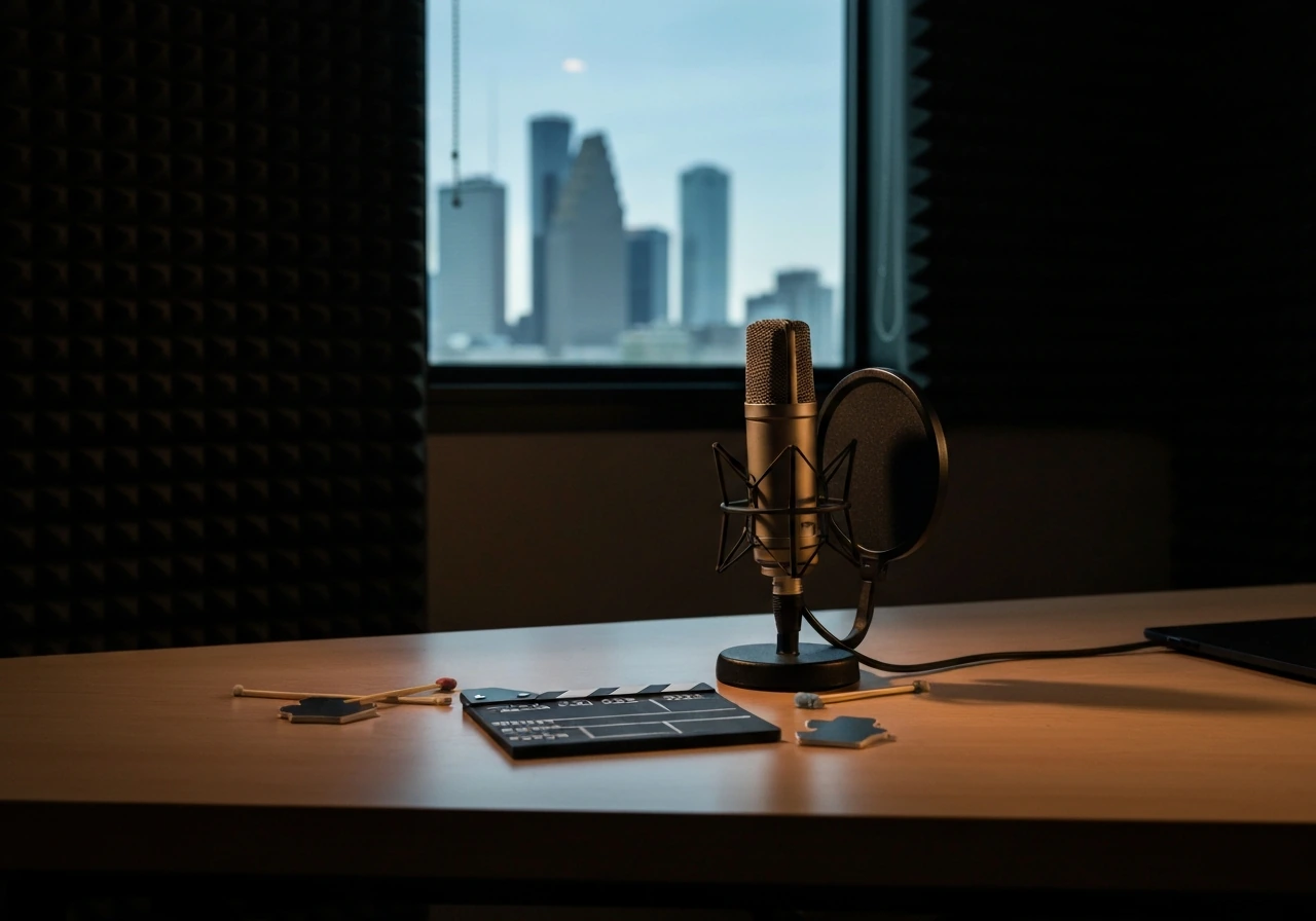 Microphone on a studio desk with clapperboard props and a blurred city skyline behind it.