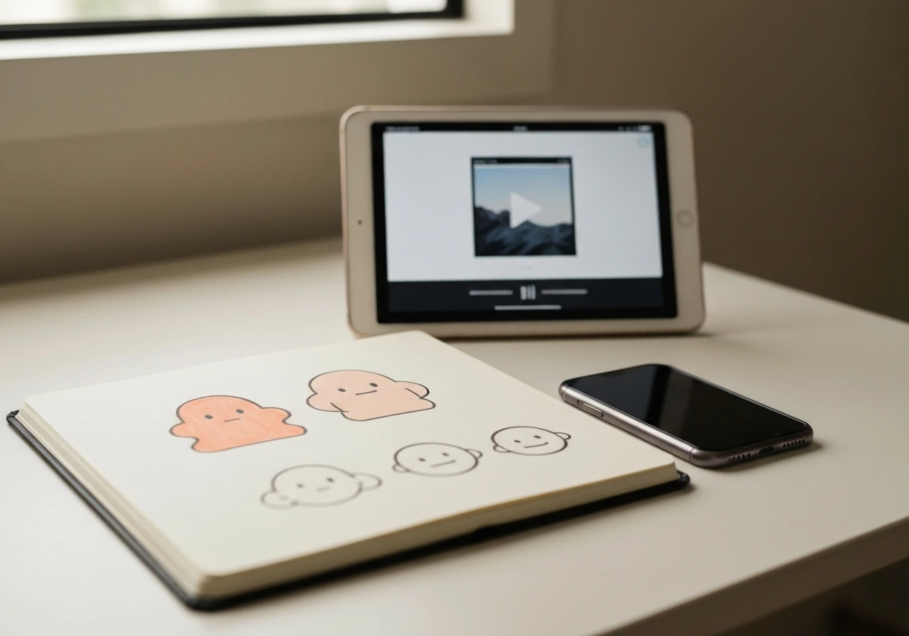 Open sketchbook with colorful cartoon character drafts on a home studio desk with media devices nearby.