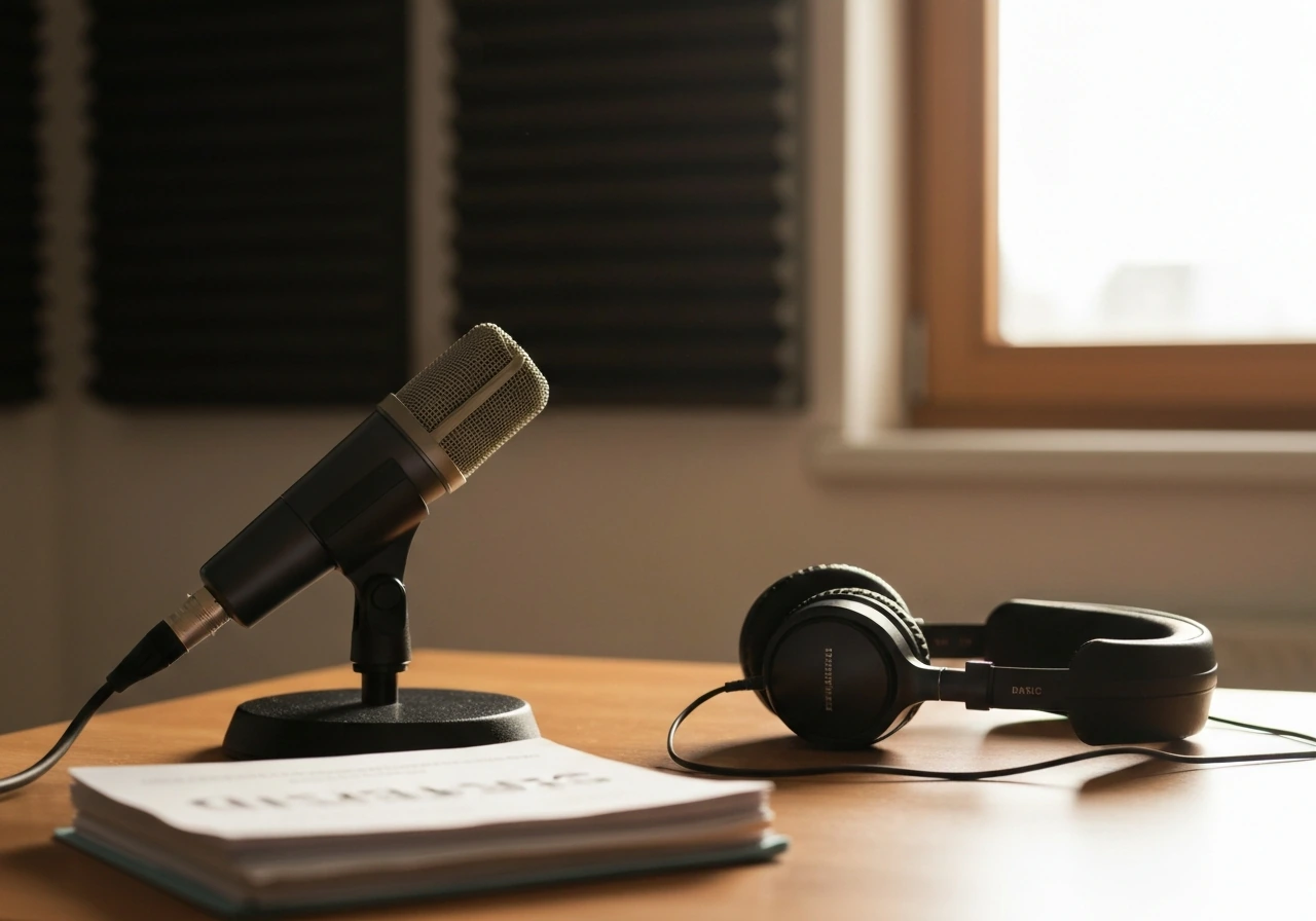 Radio studio desk with a microphone and morning-themed lighting, signaling the start of radio syndication income.