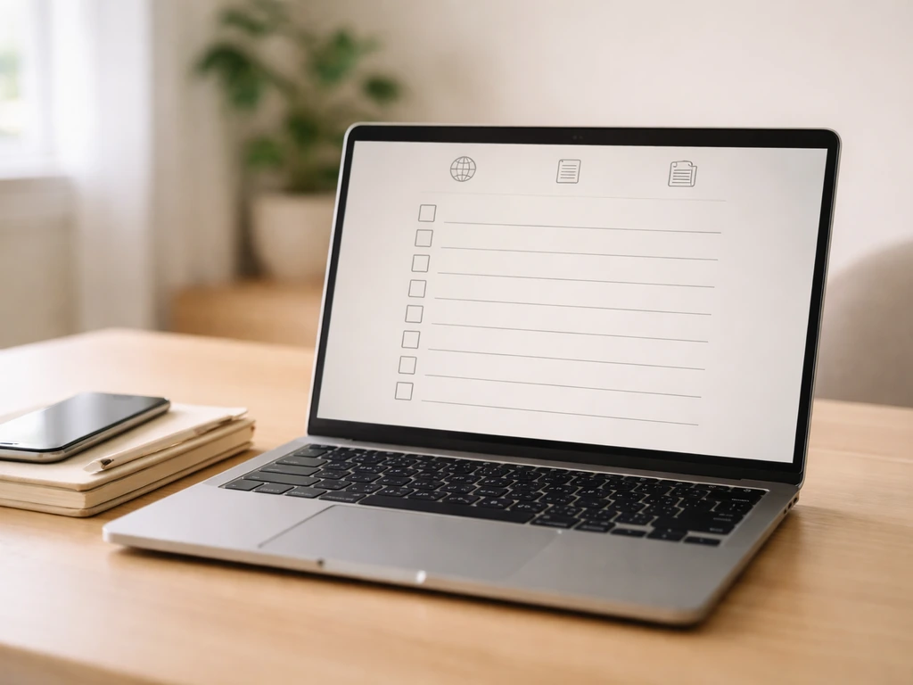 Minimal desk scene with a laptop showing a blank checklist and icons for sources like official site and filings.