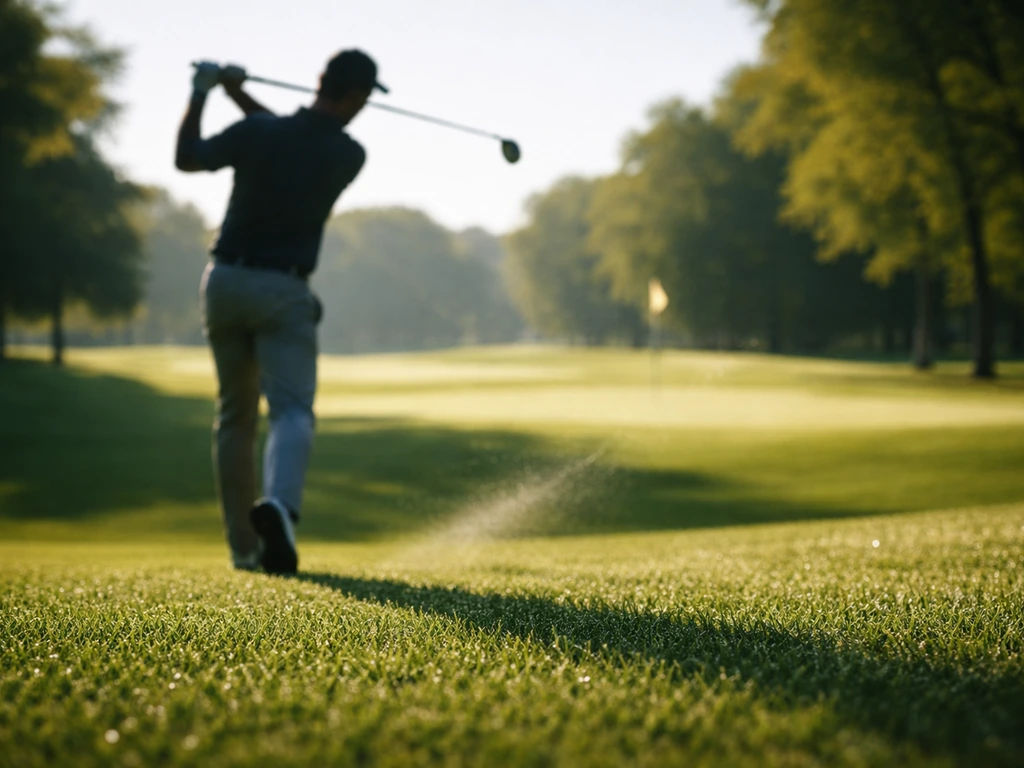 Anonymous golfer silhouette mid-swing on a PGA-style course under natural daylight.