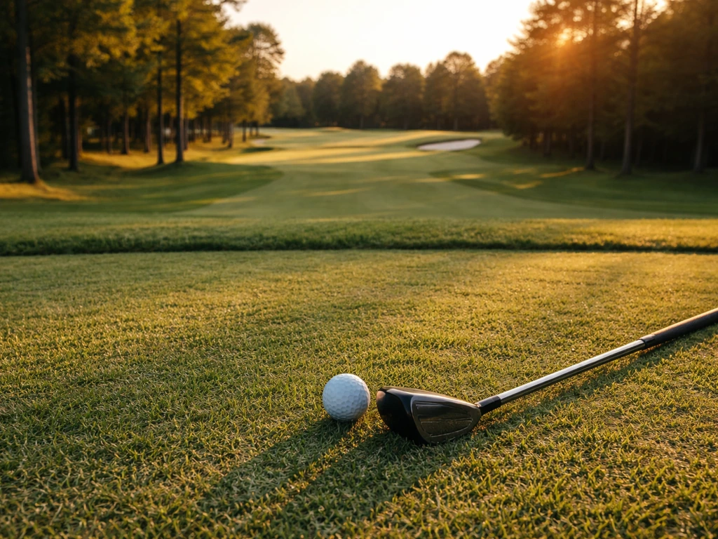 Minimal golf course scene with a golf ball and club on a tee box in natural light.