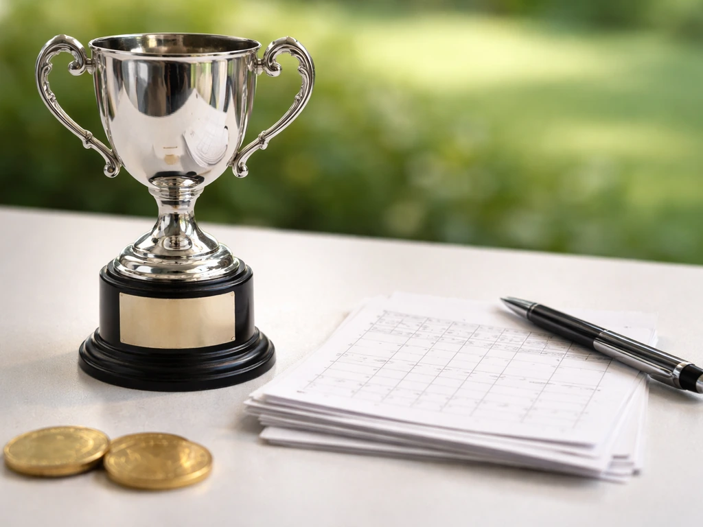 Close-up of a golf trophy, blank scorecards, and gold coins on a table suggesting tournament prize money