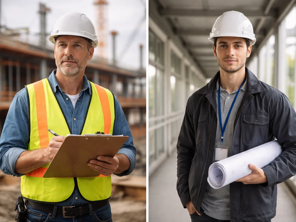 Split scene showing an anonymous older construction worker and a younger manager with construction/office settings.