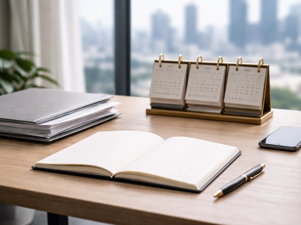 Minimal corporate desk scene with a blank notebook, calendar, and finance documents symbolizing a milestone timeline.
