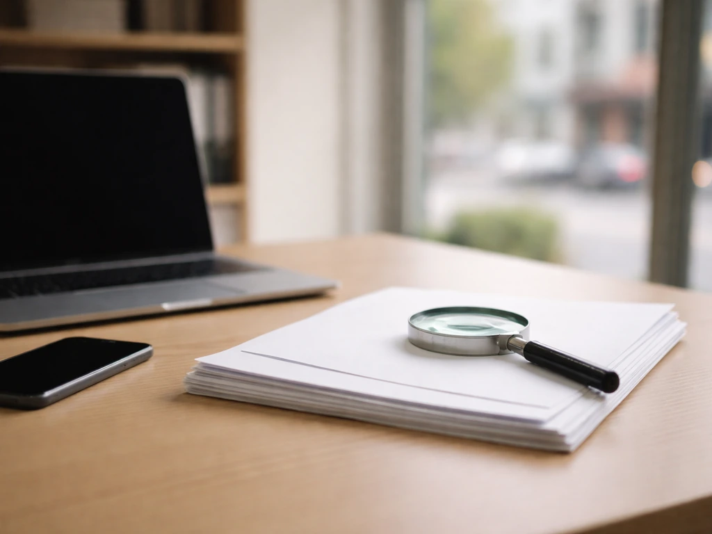 Magnifying lens over plain documents on a minimal desk, symbolizing verifying financial claims from records.