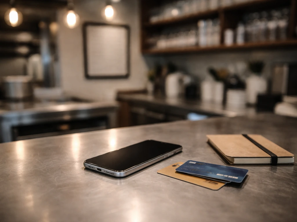 Upscale restaurant kitchen office desk with smartphone and payment cards, symbolizing hospitality business research.