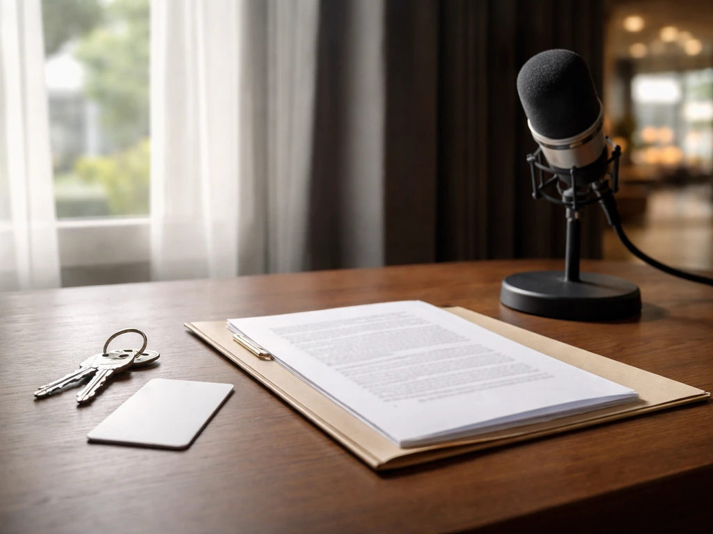 Minimal photo of a legal brief and a small keycard on a desk beside a lit studio microphone