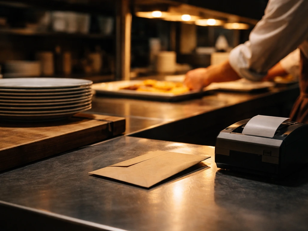Upscale restaurant kitchen scene with chef’s hands and business items suggesting hospitality income.