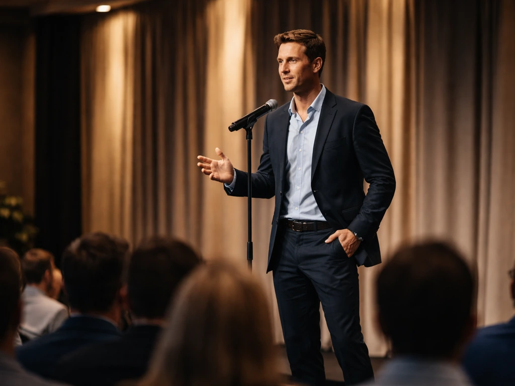 A keynote speaker at a hospitality industry conference stage with blurred audience and bright spotlights.