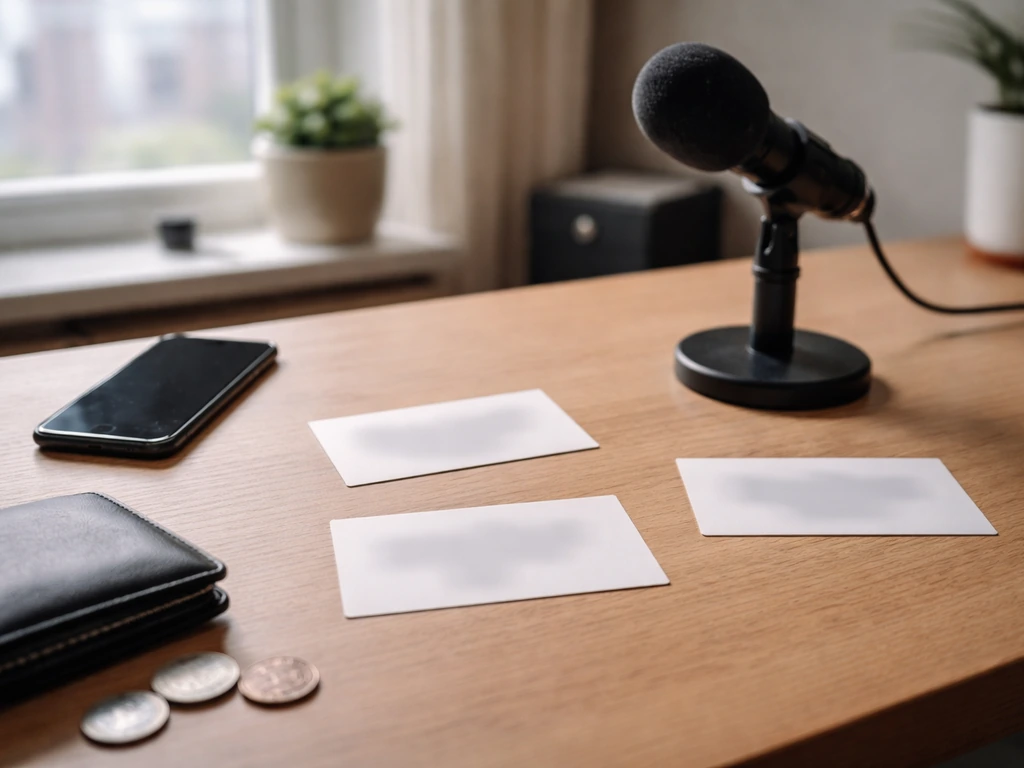 Minimal finance-themed scene with three blurred estimate cards and a smartphone on a desk