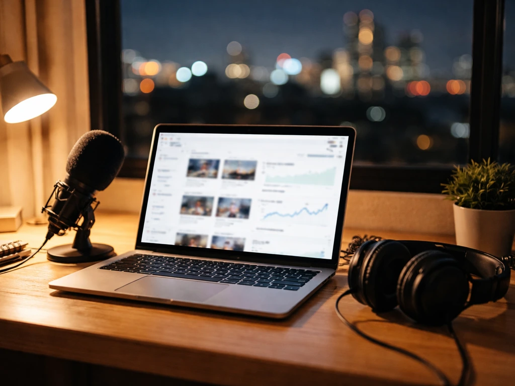Minimal studio desk with a laptop showing an empty YouTube-like video dashboard for monetization analytics context
