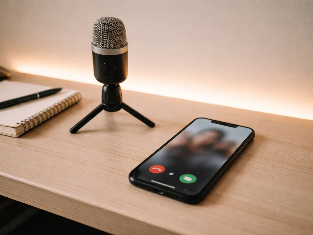 Minimal desk scene with smartphone and small media gear, suggesting a paid cameo/video booking moment