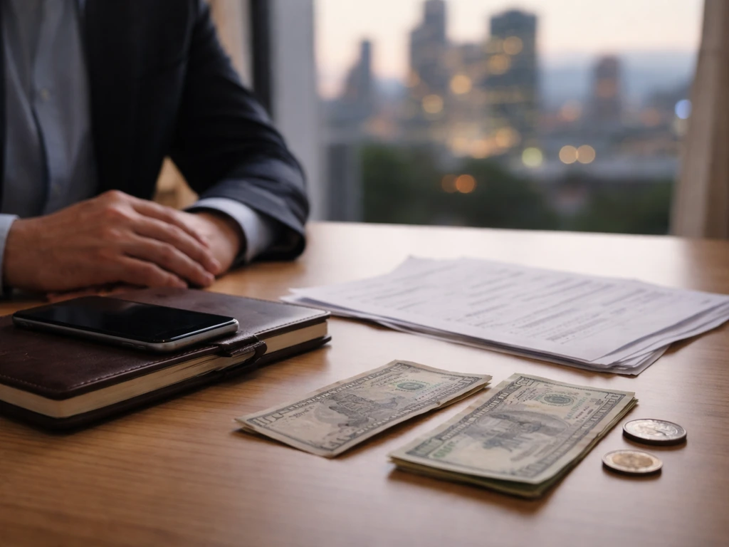 Hands at a desk with phone and financial papers, symbolic coins suggesting differing valuations.