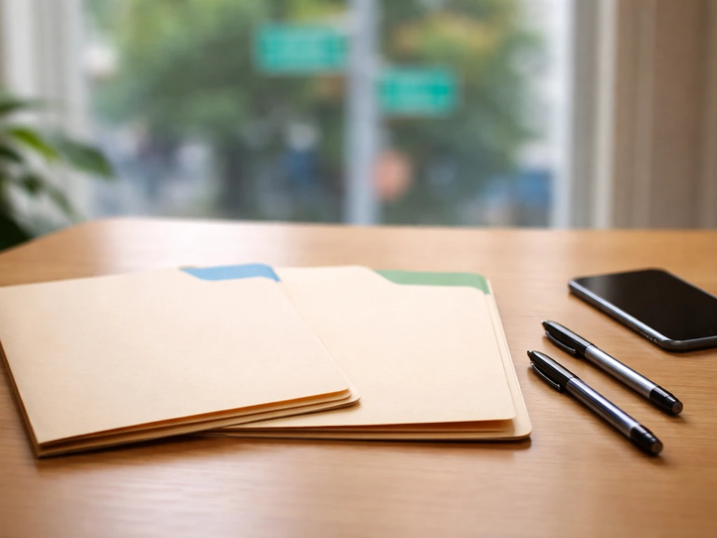 Minimal desk scene with two folders and pens, symbolizing two possible identity records without any readable text.
