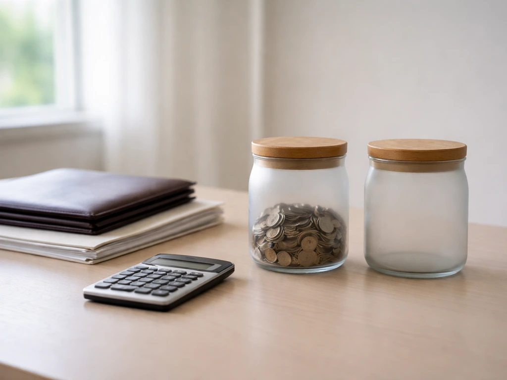 Minimal desk scene with calculator and documents, symbolic objects suggesting assets vs liabilities.