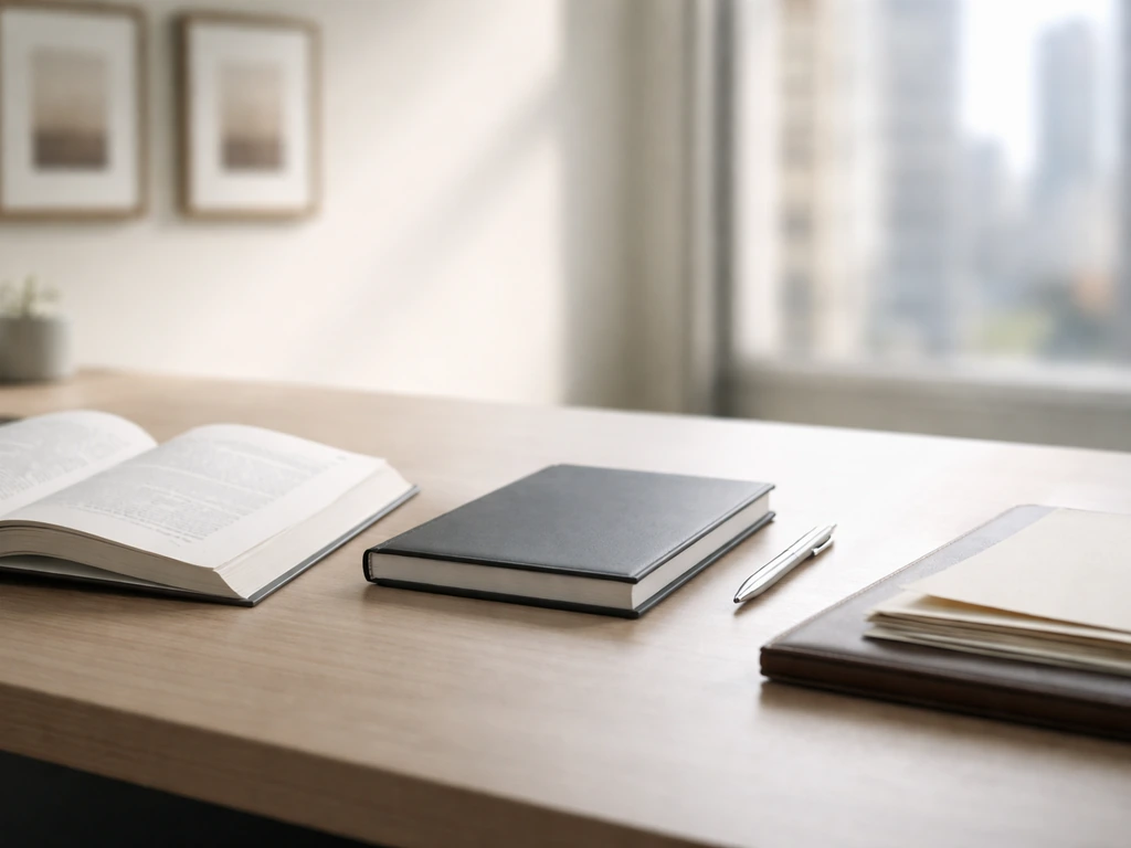 Minimal office desk scene with a business book and pen, symbolizing career milestones and wealth growth.