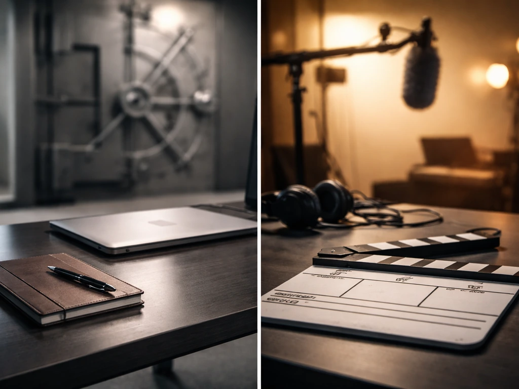 Minimal split-view: anonymous finance ledger texture vs film studio clapper silhouette, symbolizing two Billy Billingham
