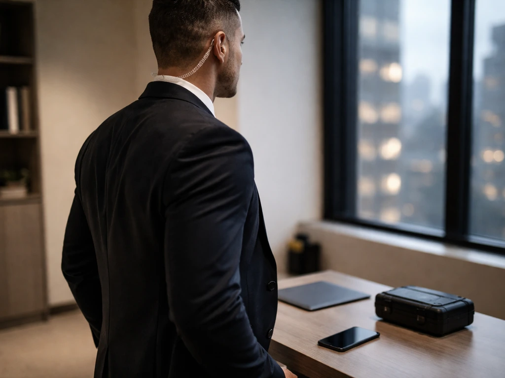 Anonymous close-protection security executive in a modern office, with a discreet earpiece and calm watchful posture