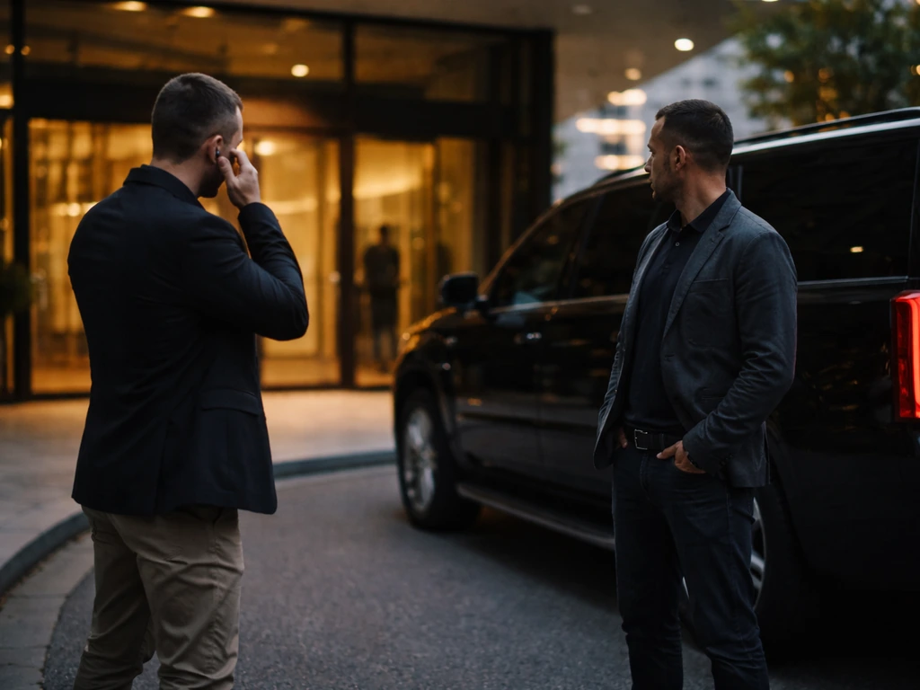 Anonymous security officers outside an upscale hotel near a black SUV at dusk.