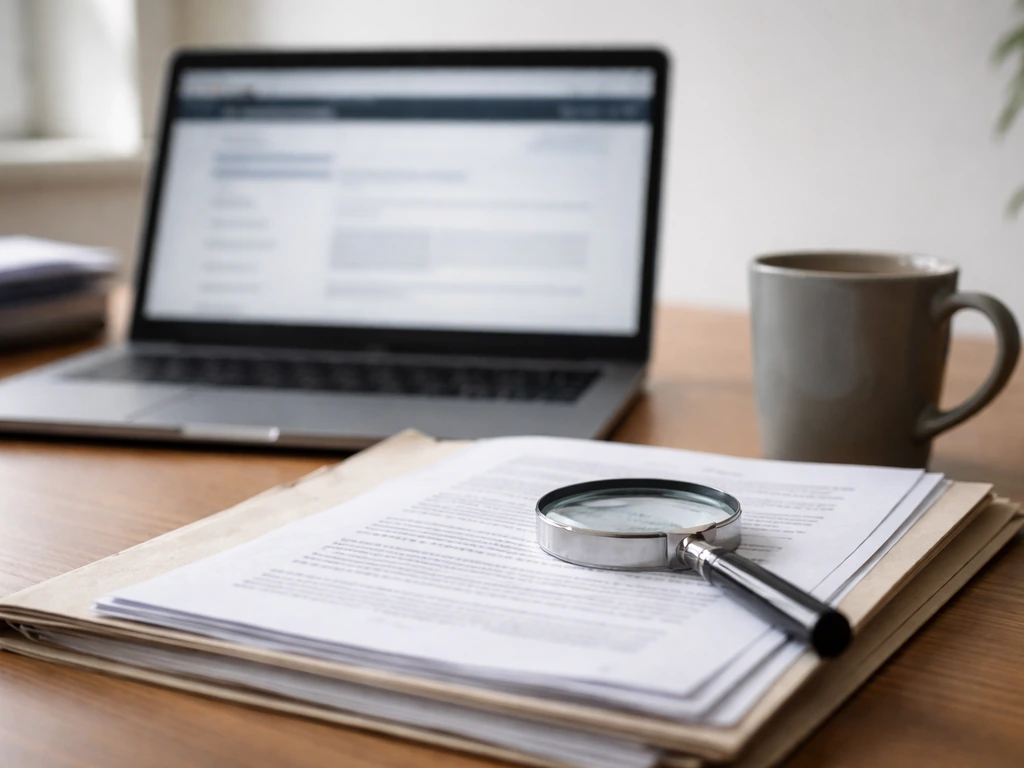Magnifying glass over UK corporate documents on a desk beside a laptop with blurred registry page.