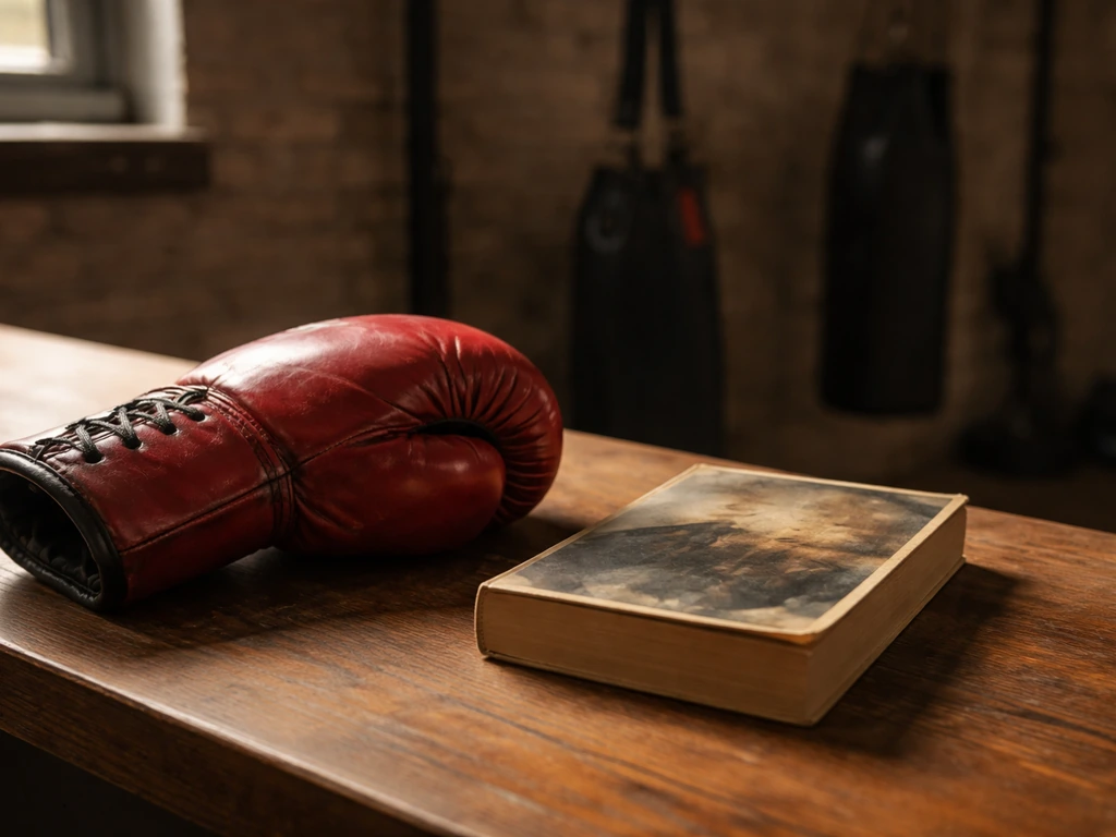 A boxing glove resting near a worn memoir-style book on a simple desk, hinting at Billy Moore’s boxing story.
