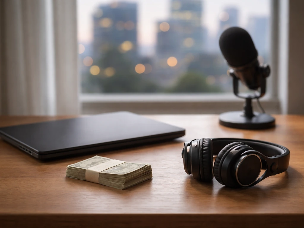 Minimal photo of a desk with a closed laptop, money and audio gear suggesting media income estimate