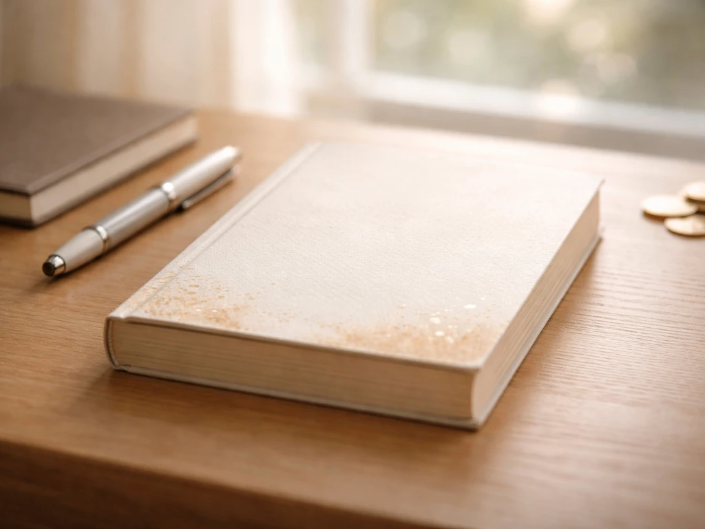 Close-up of an anonymous memoir paperback on a desk with pen and soft bokeh, suggesting book royalties.