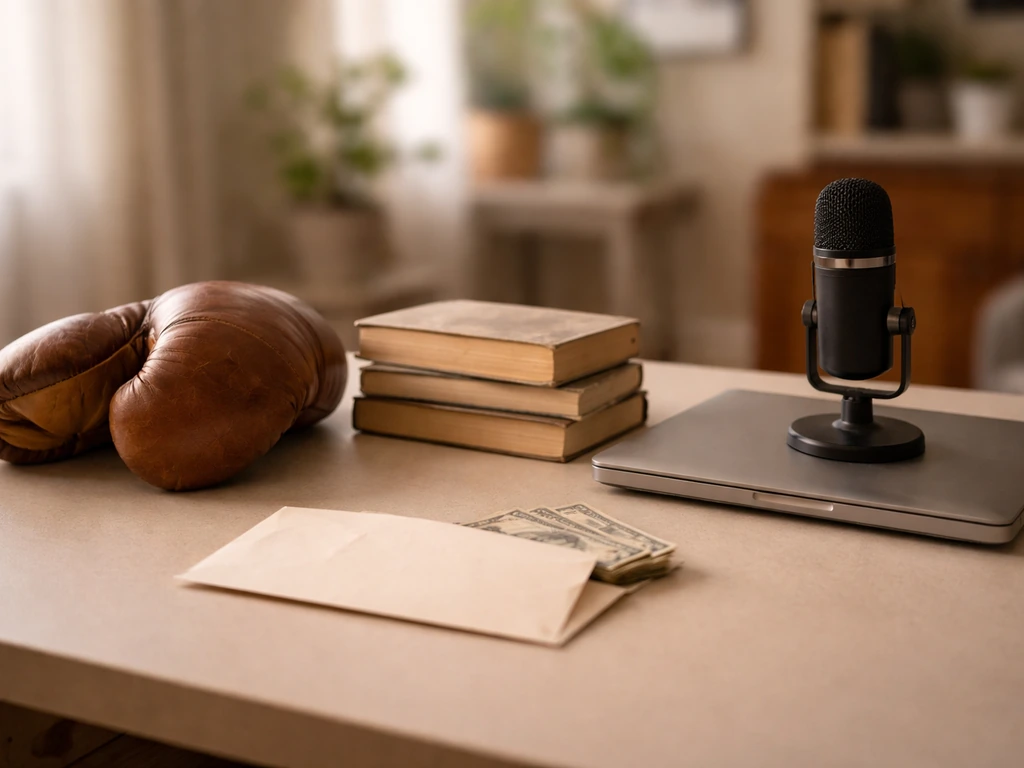 Minimal desk scene with boxing glove, books, and studio mic suggesting key career milestones without text.