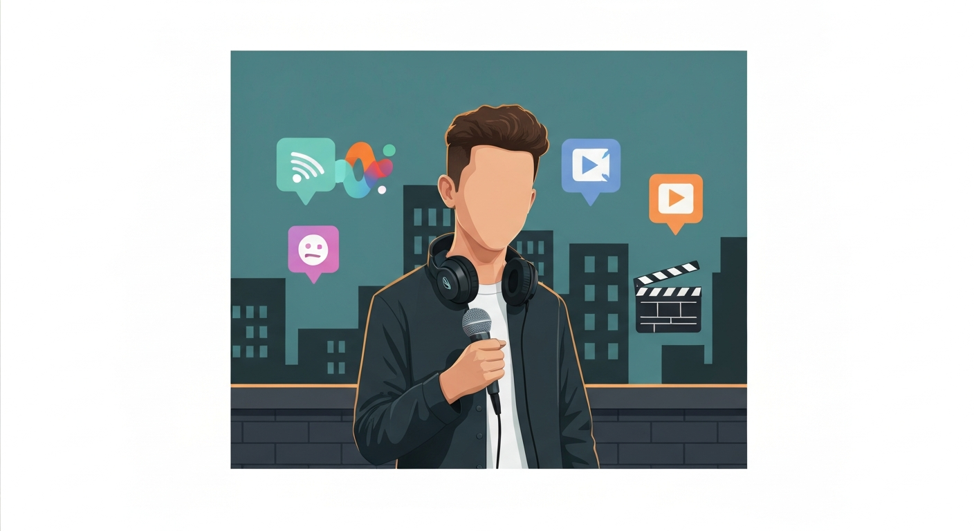 Stylized editorial illustration of a young independent rapper/actor holding a microphone, with abstract streaming and film motifs in the background, conveying a modest creative career.