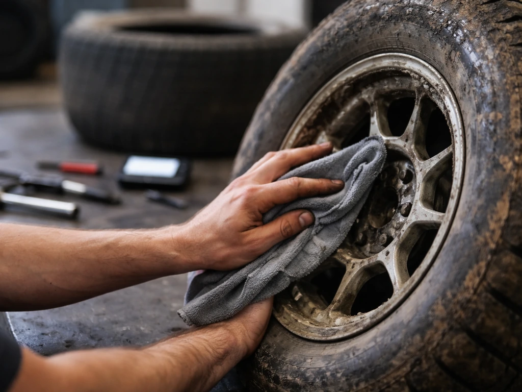 Anonymous hands wiping a dirt racing tire in a garage, with a small media recorder nearby.
