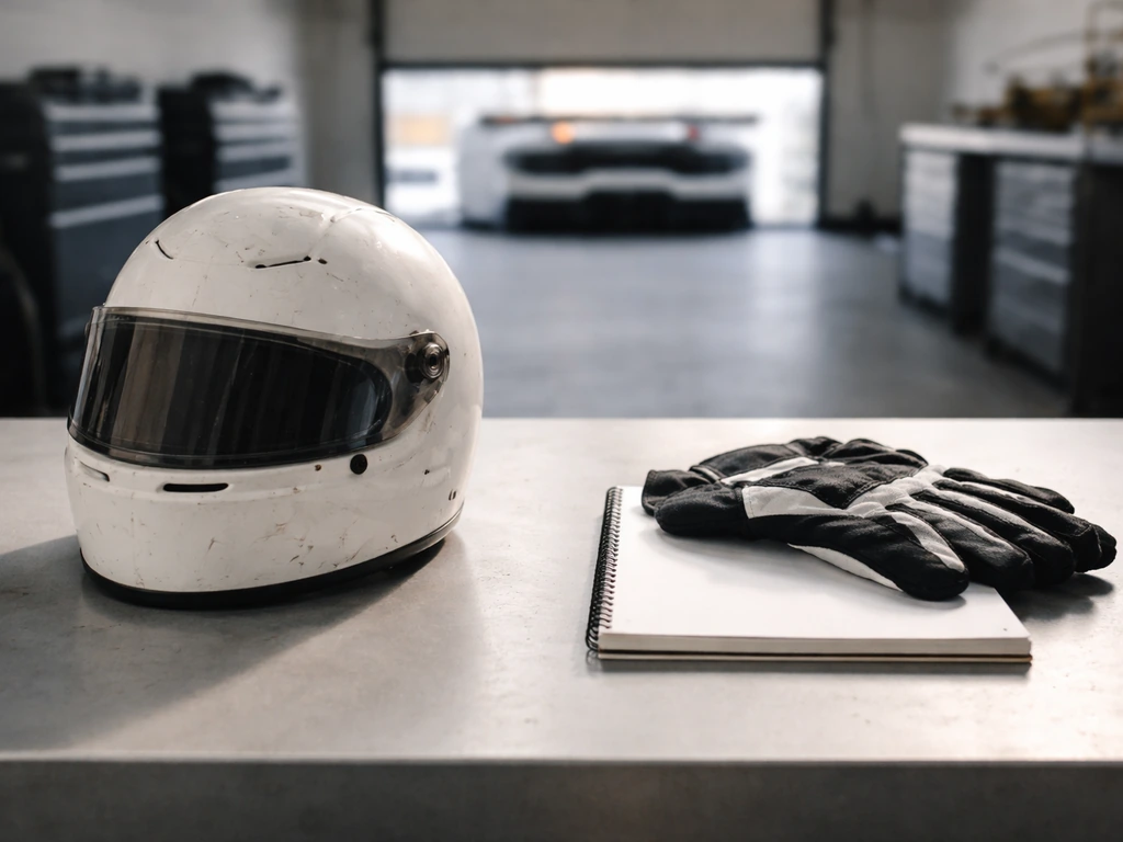 Minimal garage scene with two distinct racing items side-by-side to avoid confusing identities