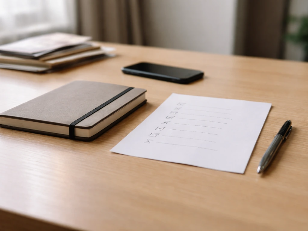 Minimal office desk scene with notebook, pen, and documents suggesting reconciling conflicting estimates.