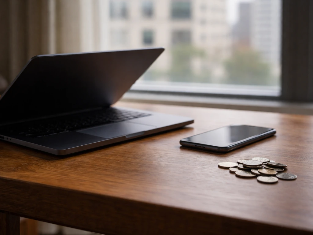 Minimal photo of a desk with a laptop, smartphone, and scattered coins symbolizing researching a net worth estimate.