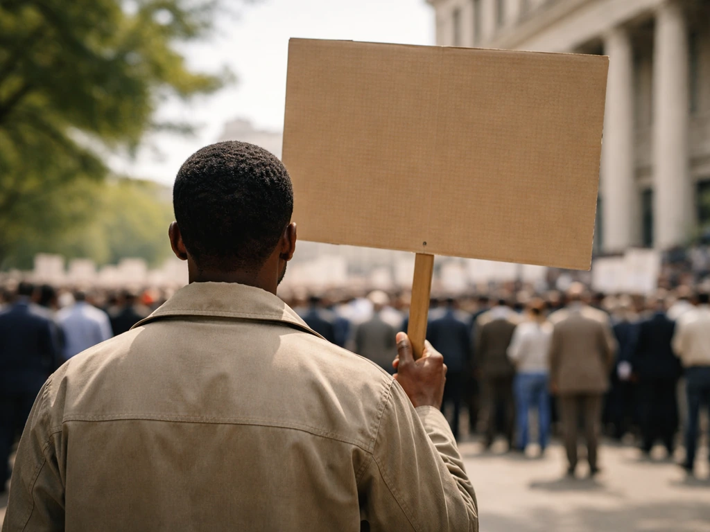 Anonymous civil-rights era protest scene with an activist holding a blank sign outdoors.