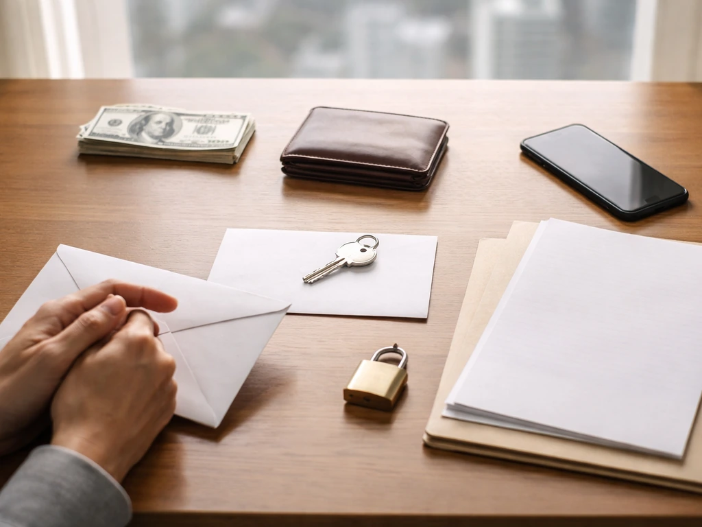 Minimal desk scene with money, wallet, keys, blank documents, and a padlock symbolizing assets and liabilities.