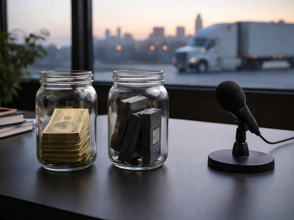 Minimal desk scene with cash jar, video tapes, and a microphone suggesting career earnings vs media work.