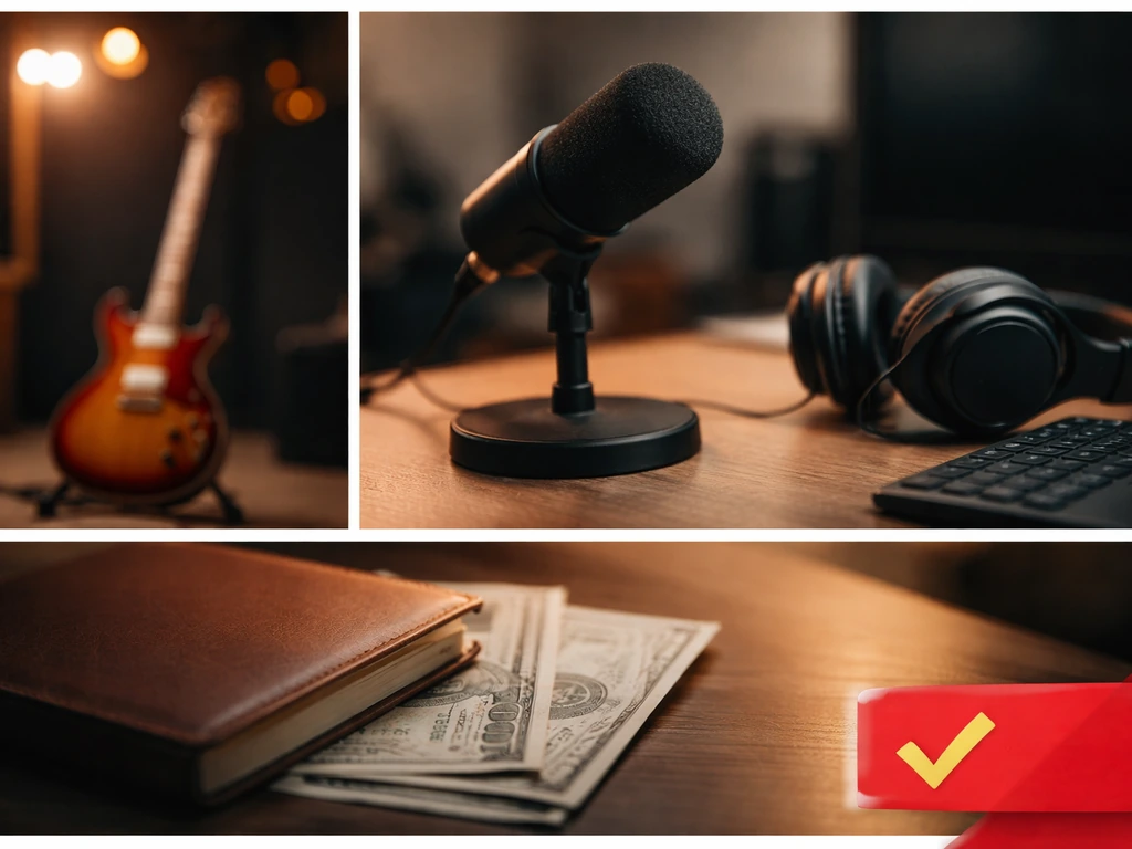 Electric guitar and studio microphone in a minimal collage suggesting music-industry net worth verification.
