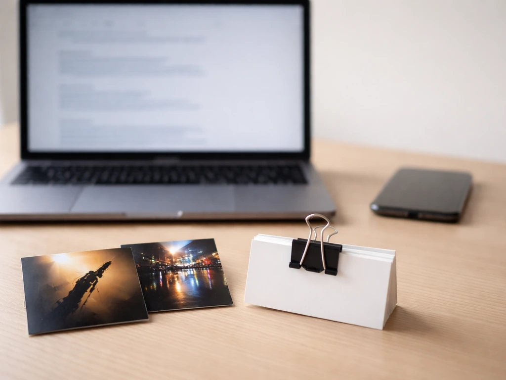Desk with laptop and phone, with guitar-stage photo print and blank cards for identity verification.