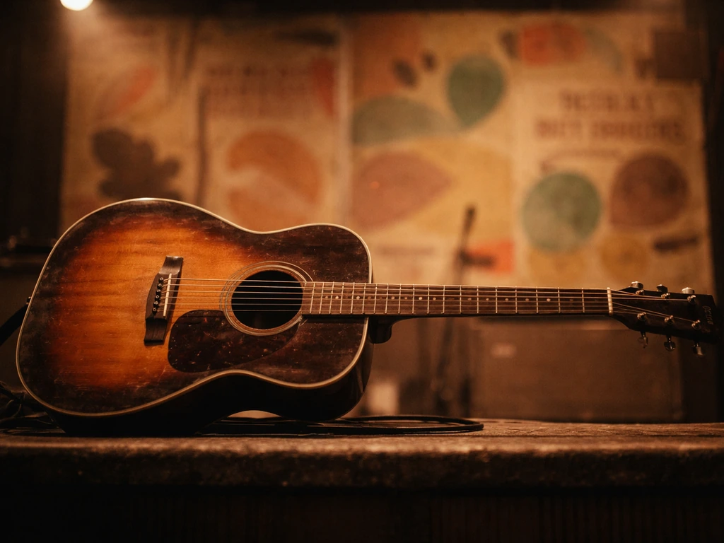 Close-up of a vintage guitar against a simple blurred nightlife flyer backdrop, evoking an early club circuit.