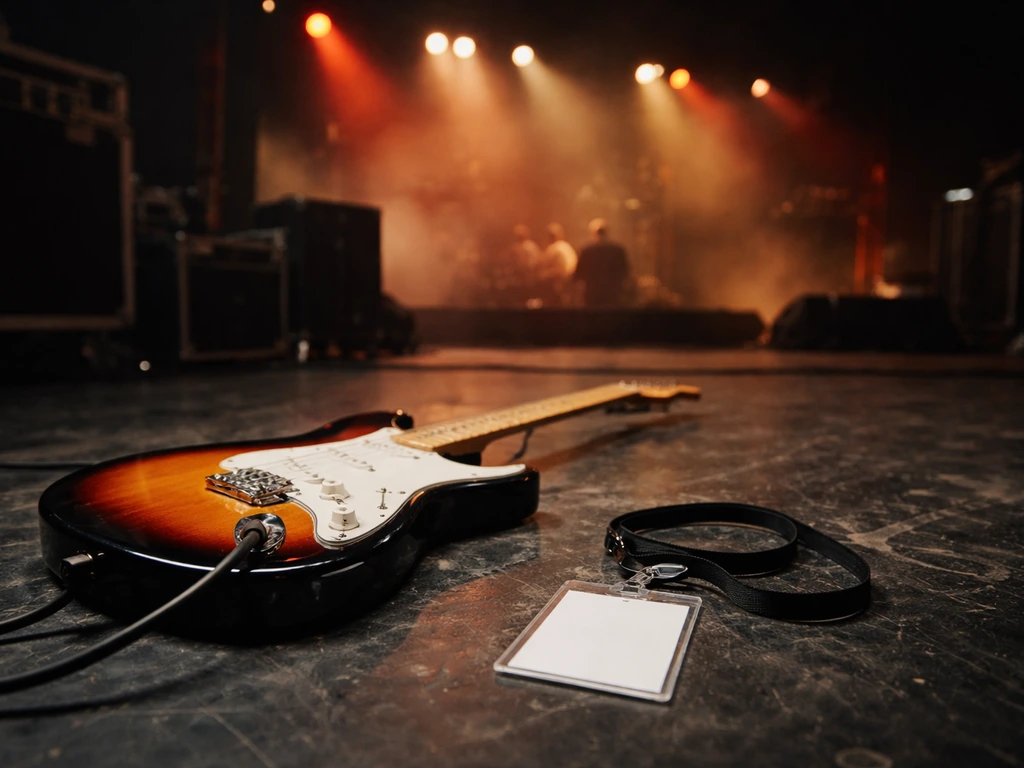 Laminated backstage pass and guitar on a dim stage floor with warm amber spotlights in the background.