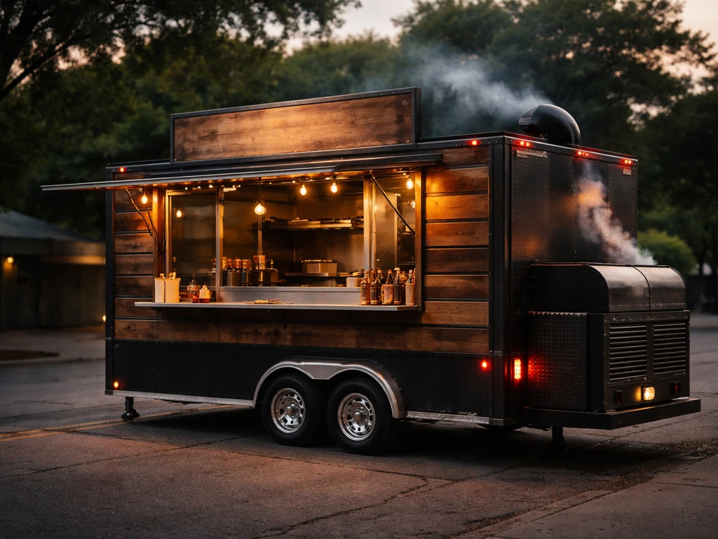 Barbecue food truck exterior with visible serving window and gentle grill smoke, no people.