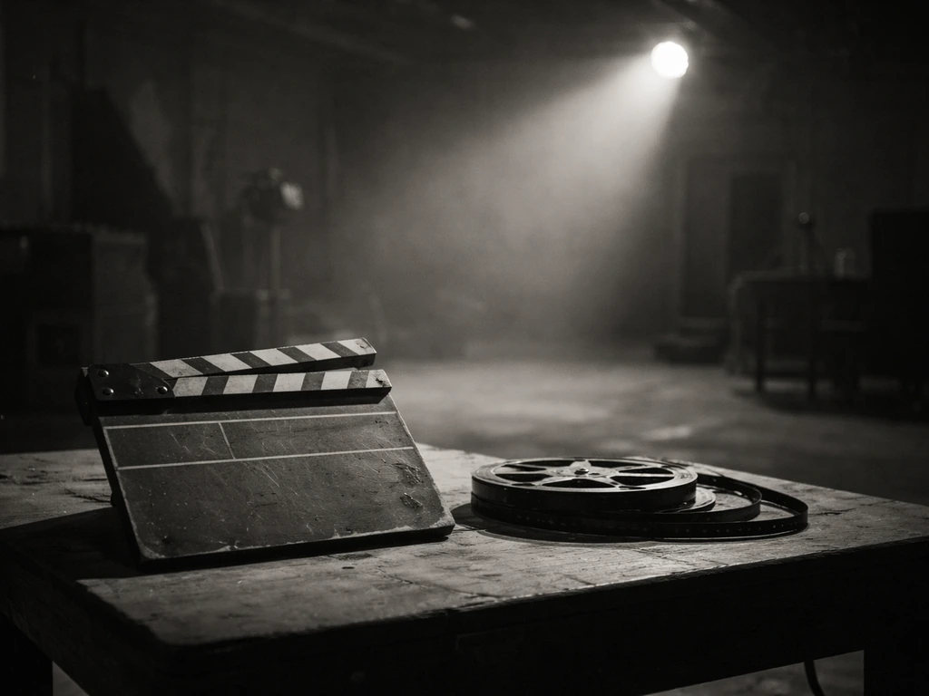 Black-and-white film studio still with a vintage clapboard and film reels, symbolizing early child acting earnings.